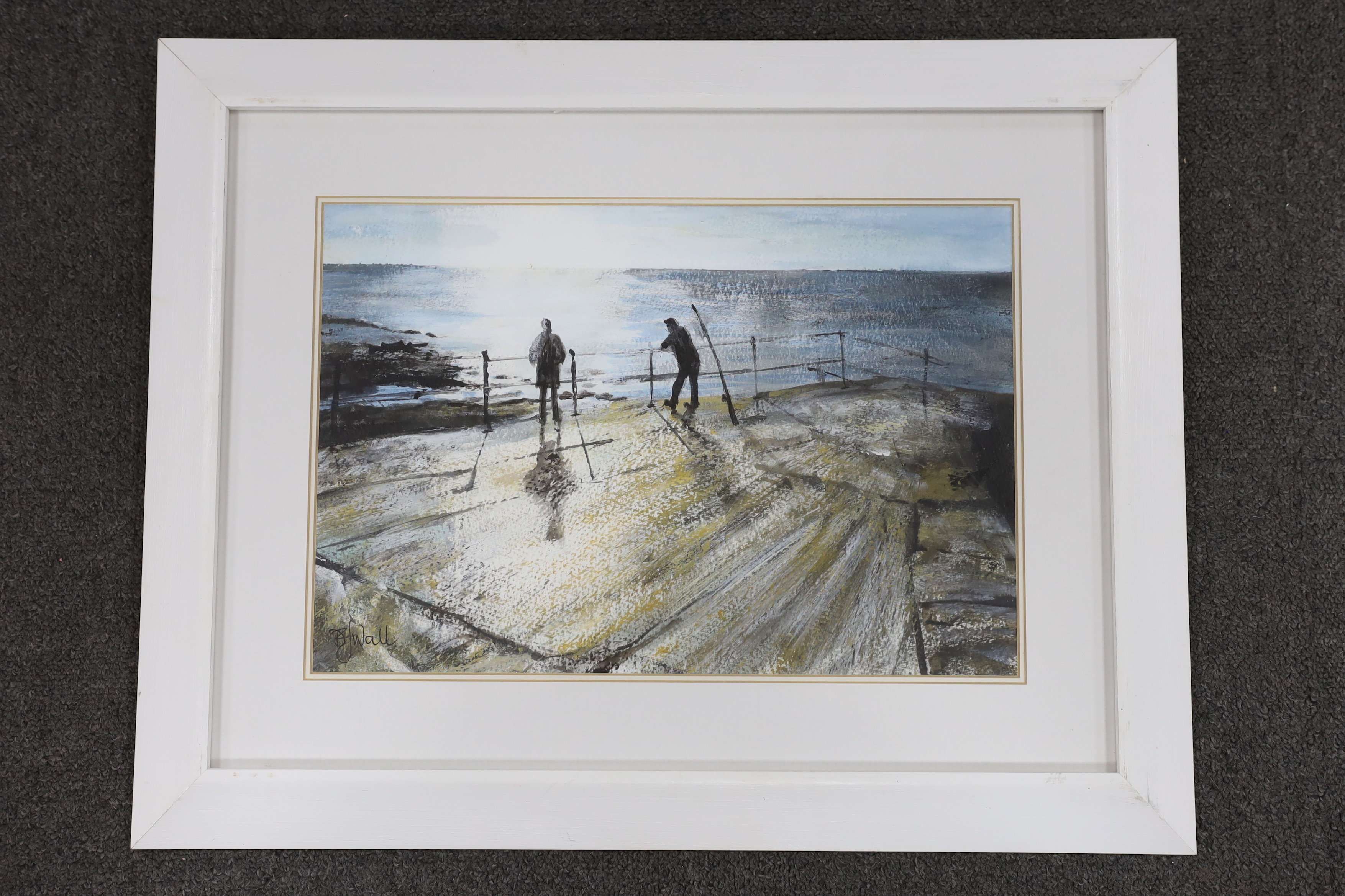 D.J. Wall, watercolour, Pier with fishermen, signed, 24 x 35cm